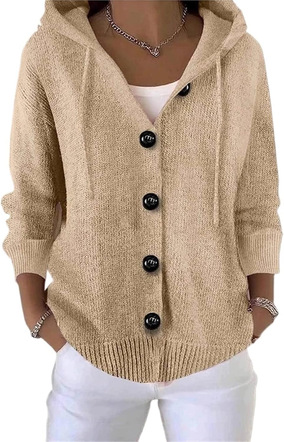Women's Oversized Hooded Cardigan, Chunky Cable Knit Button Sweater Jacket, Cream Winter