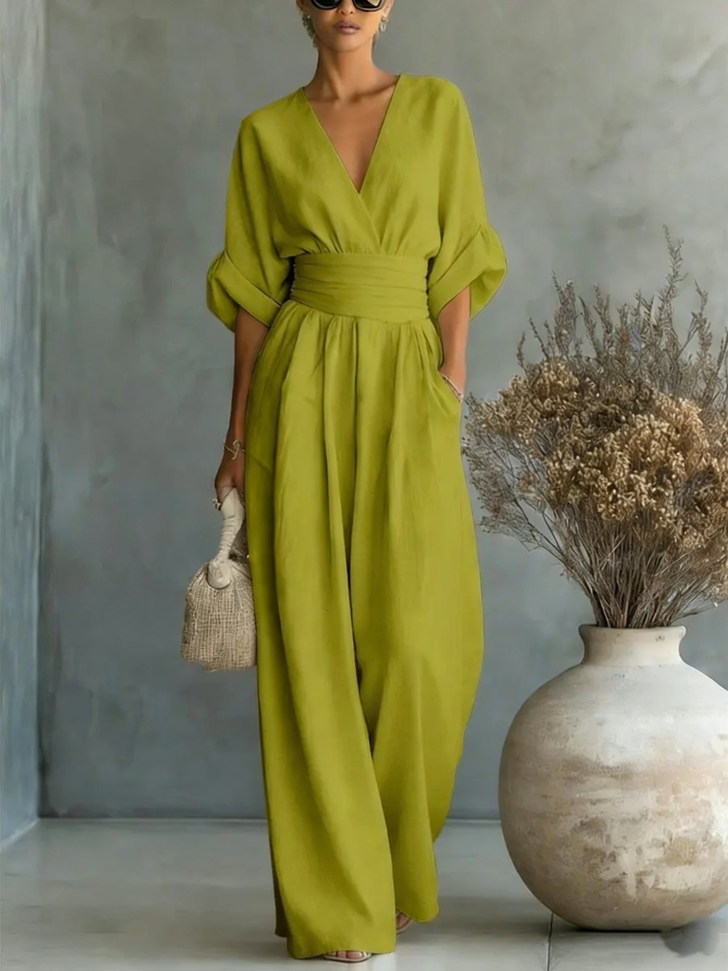 Wide-Leg Jumpsuit Women – V-Neck Cinched Waist Linen-Look Jumpsuit