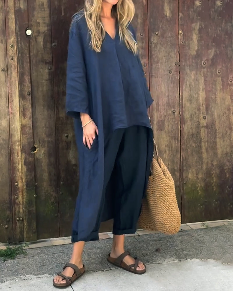 Hør Sæt Dame 2-Delt – Oversized V-Hals Top og Vidben Bukser
