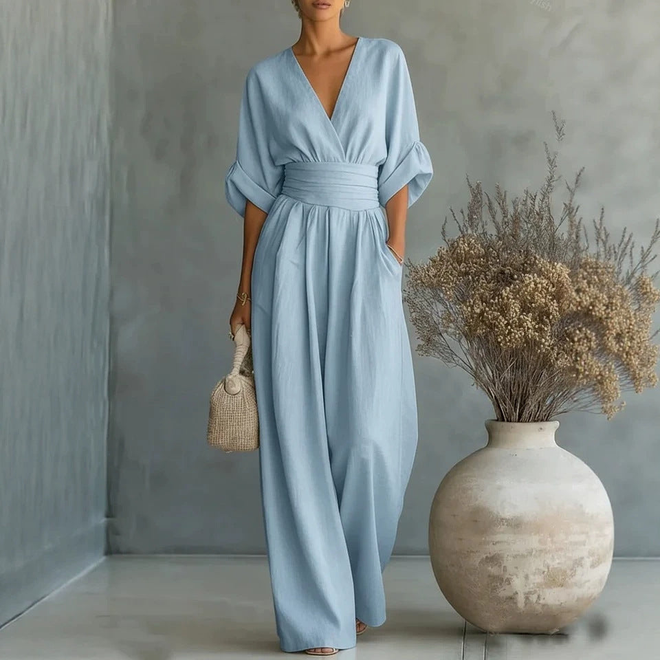 Wide-Leg Jumpsuit Women – V-Neck Cinched Waist Linen-Look Jumpsuit