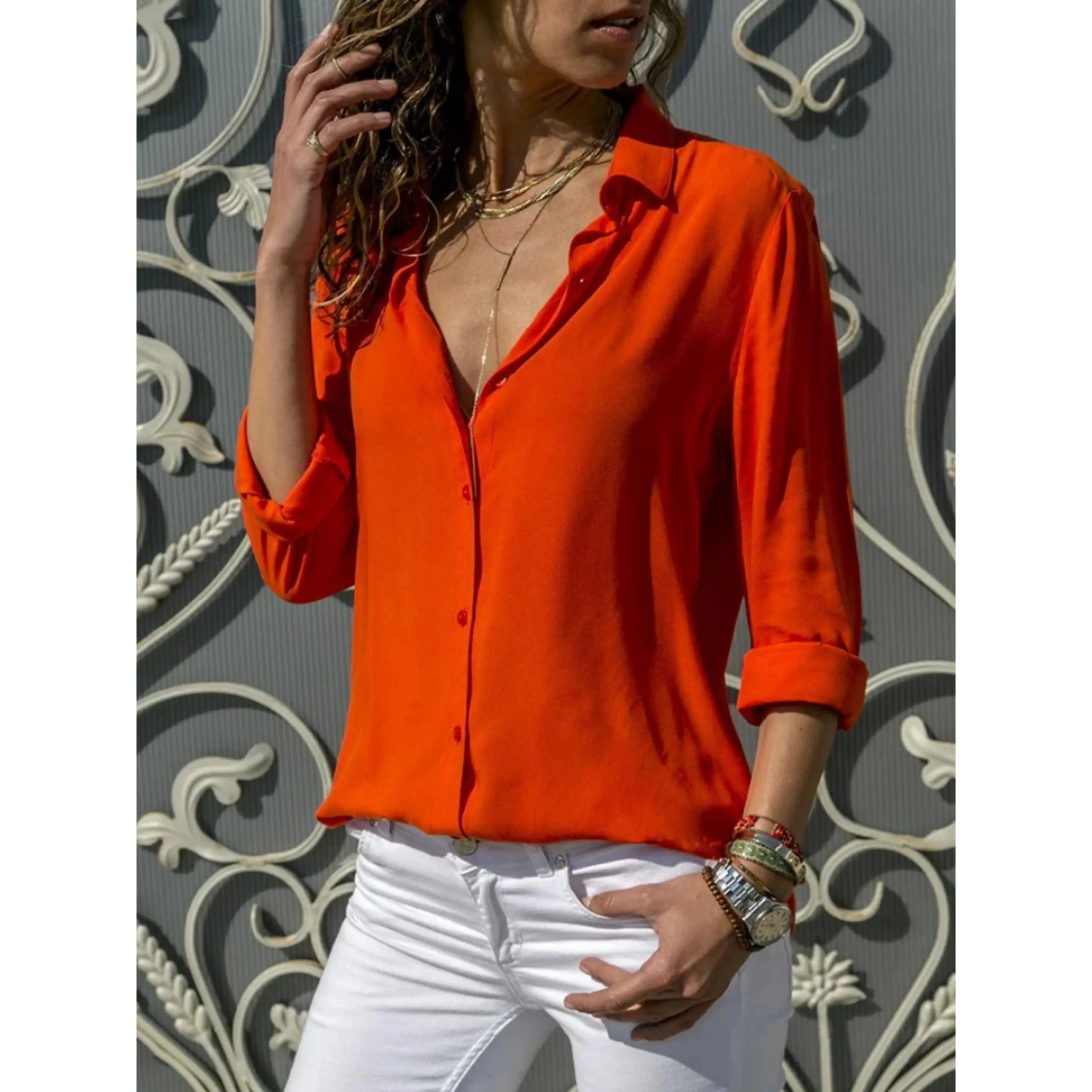 Lise Bluse Dame Chiffon – Reverskrave Knaplukning Relaxed Kontor  Panorla