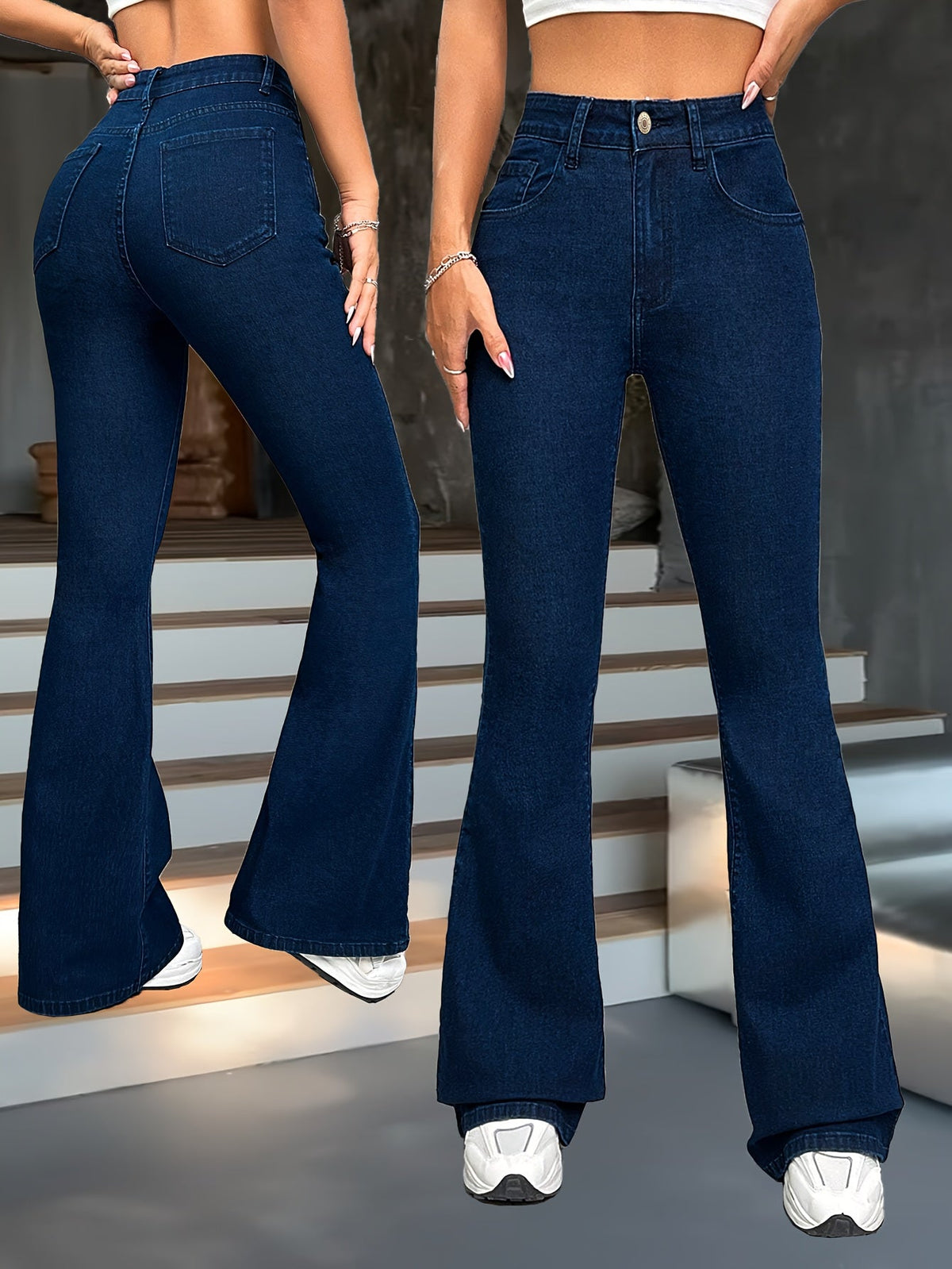 Flared Jeans Dame – Højtaljede Bootcut Denim Bukser i Blå