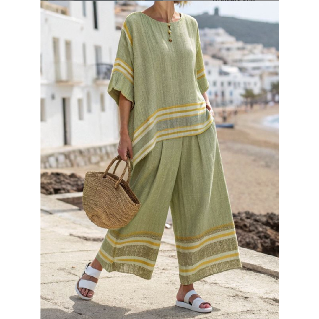 Linen Two Piece Set Women – Striped Wide-Leg Pants & Top