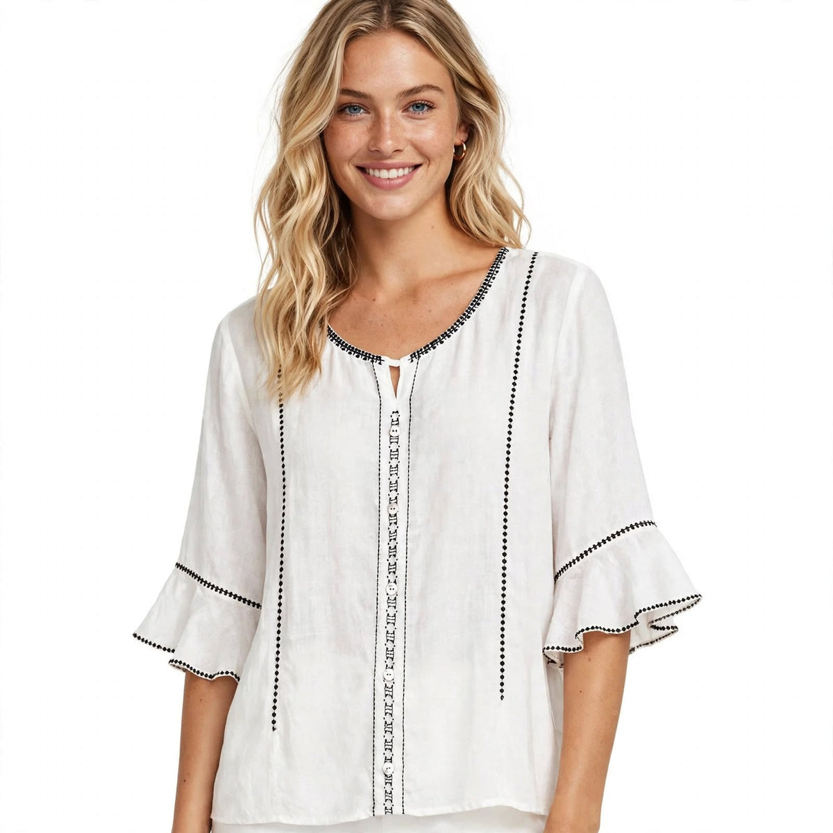 Broderet Bluse Dame – Flæseærme Sommerbluse