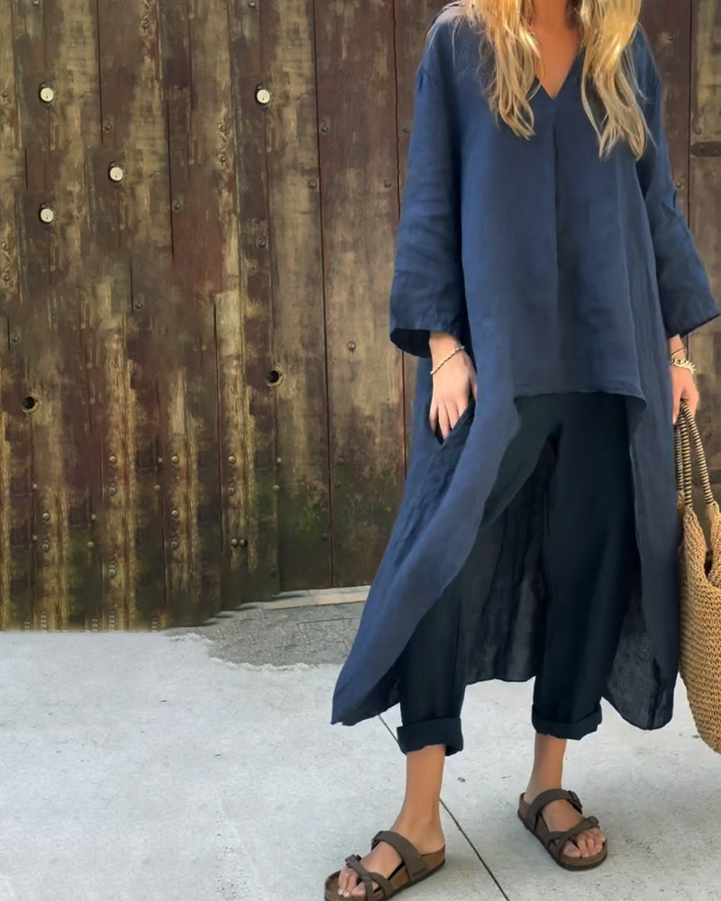 Hør Sæt Dame 2-Delt – Oversized V-Hals Top og Vidben Bukser