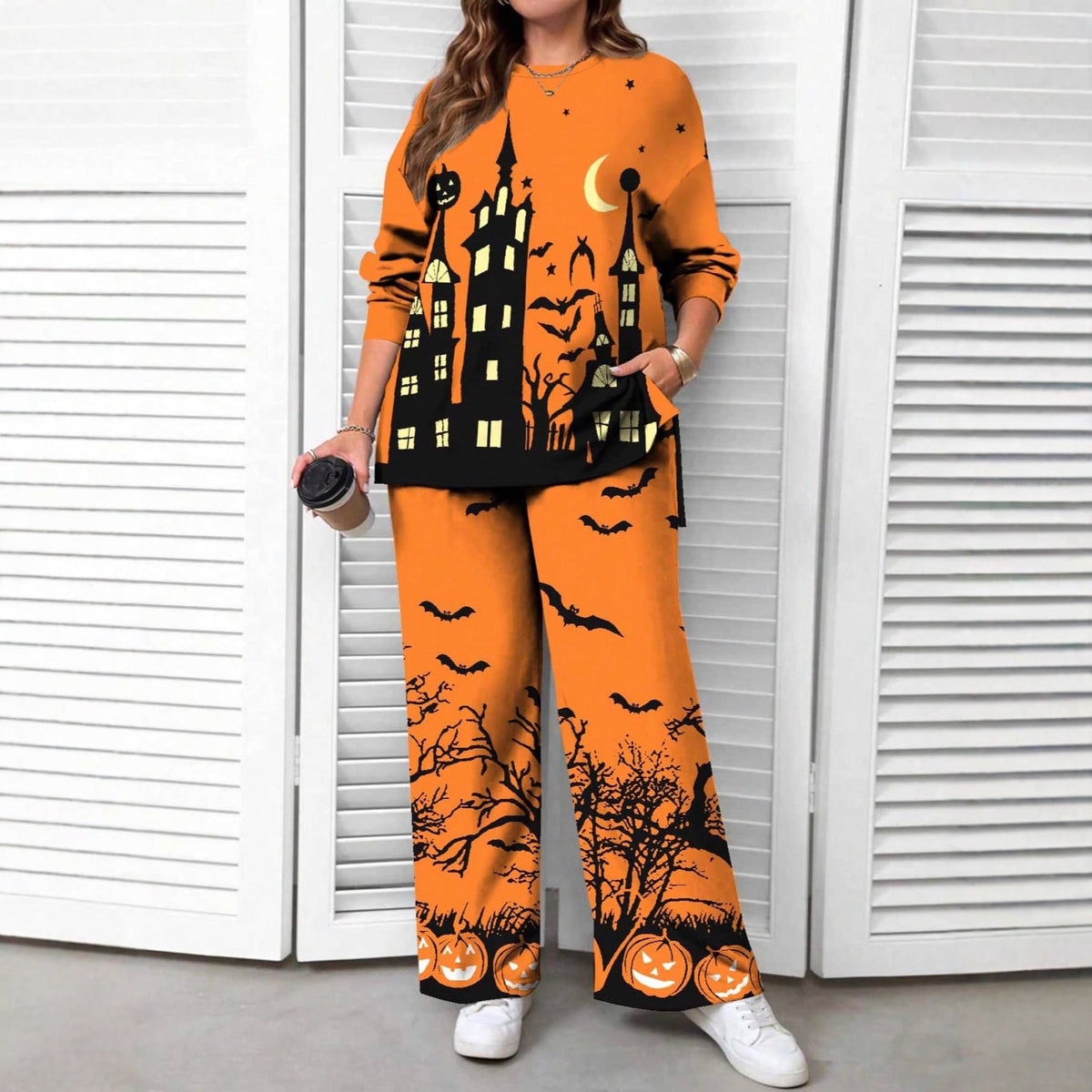 Halloween Pyjamas Dame Sæt – Langærmet Nattøj med Spøgelseshus