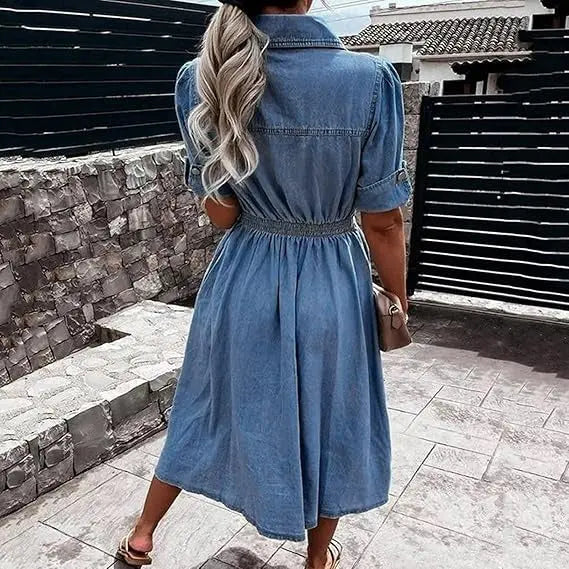 Vera | Denim Kjole Dame med A-Linje Snit & Elastisk Talje | Komfortabel og Alsidig Stil 2