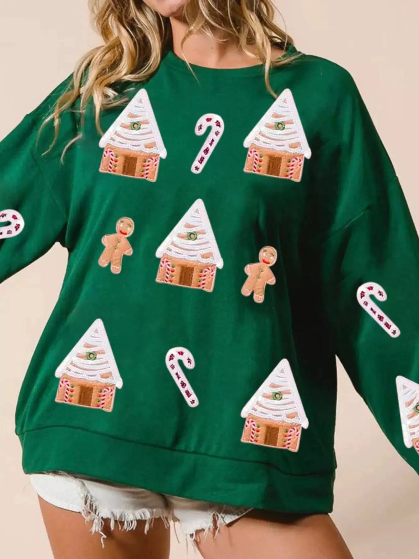 Juletrøje Dame med Sequin Gingerbread Motiv – Komfortabel Polyester Sweater til Juletid - 1