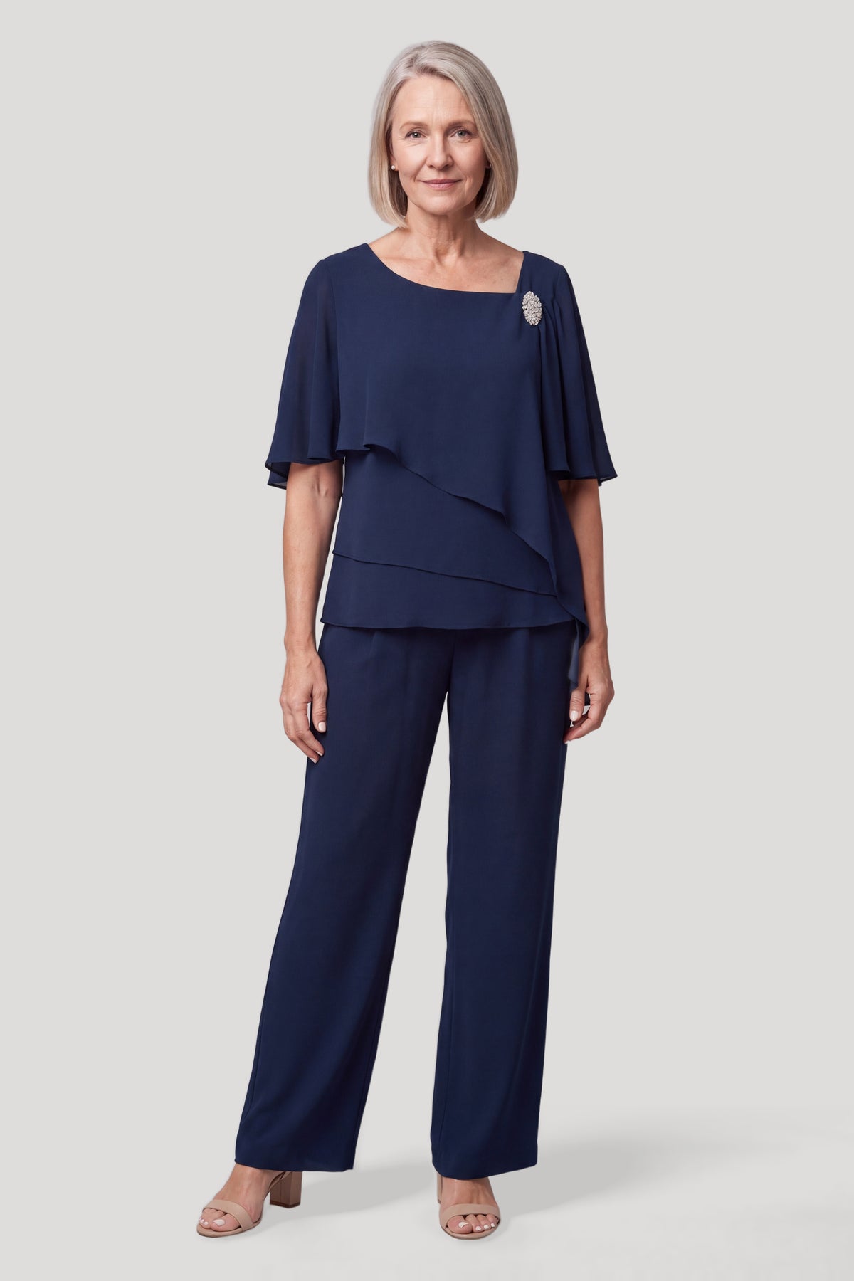 Chiffon buksesæt dame 2-delt i navy – festtøj til bryllup og fest, set forfra