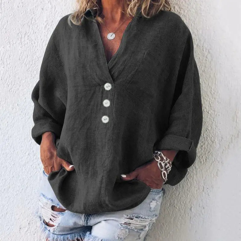 Tove Oversized Hørbluse Dame – V-hals med Knapper og Brystlomme  Panorla