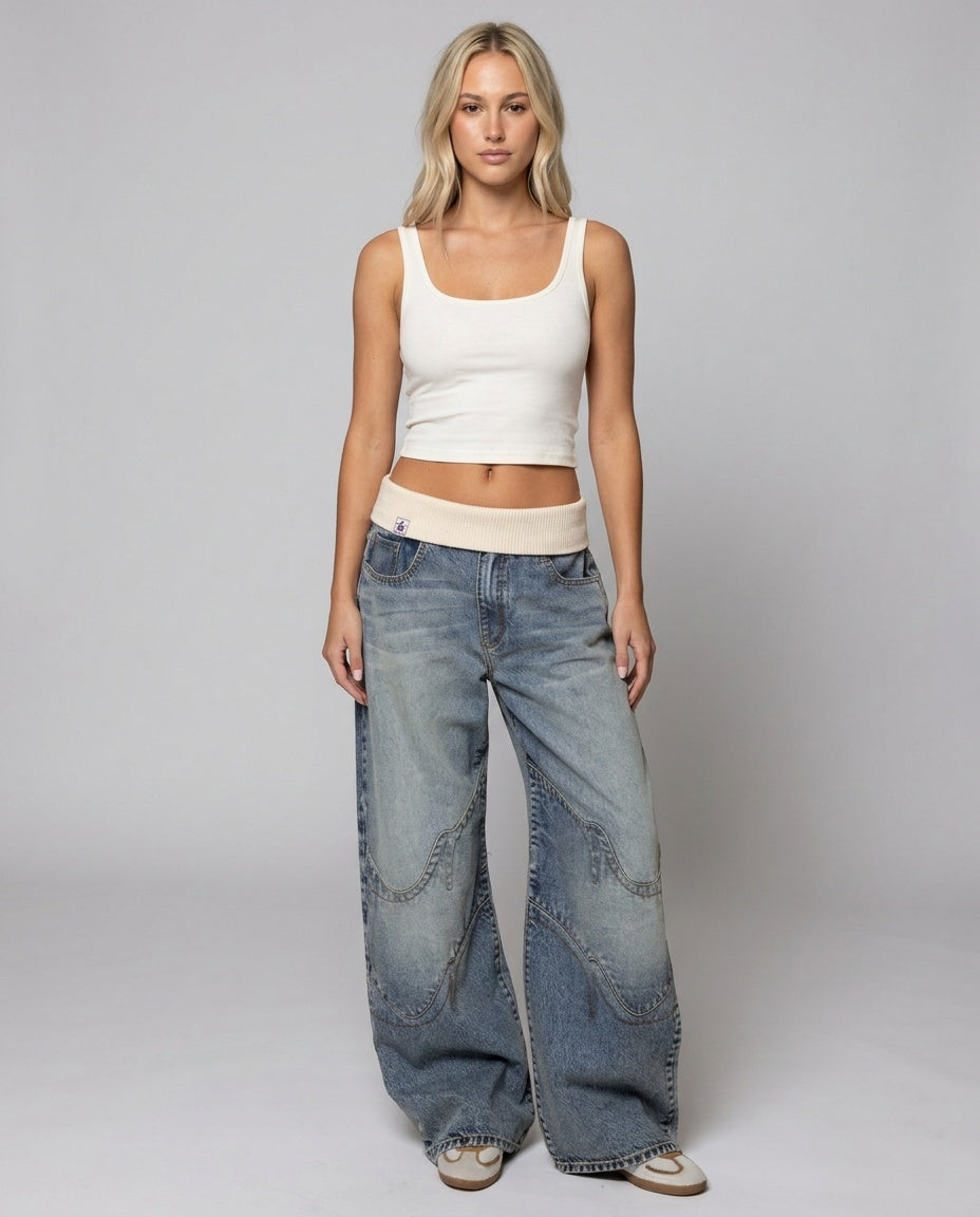 Wide Leg Jeans Dame Højtaljede – Kontrastbund, Lyseblå Vask