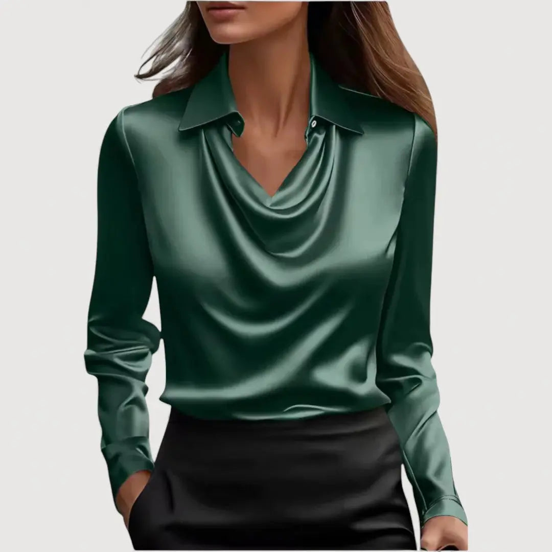 Sofie Satin Bluse | Elegant Bluse med Draperet Hals og Løs Pasform | Komfortabel Top til Arbejde og Fest 10