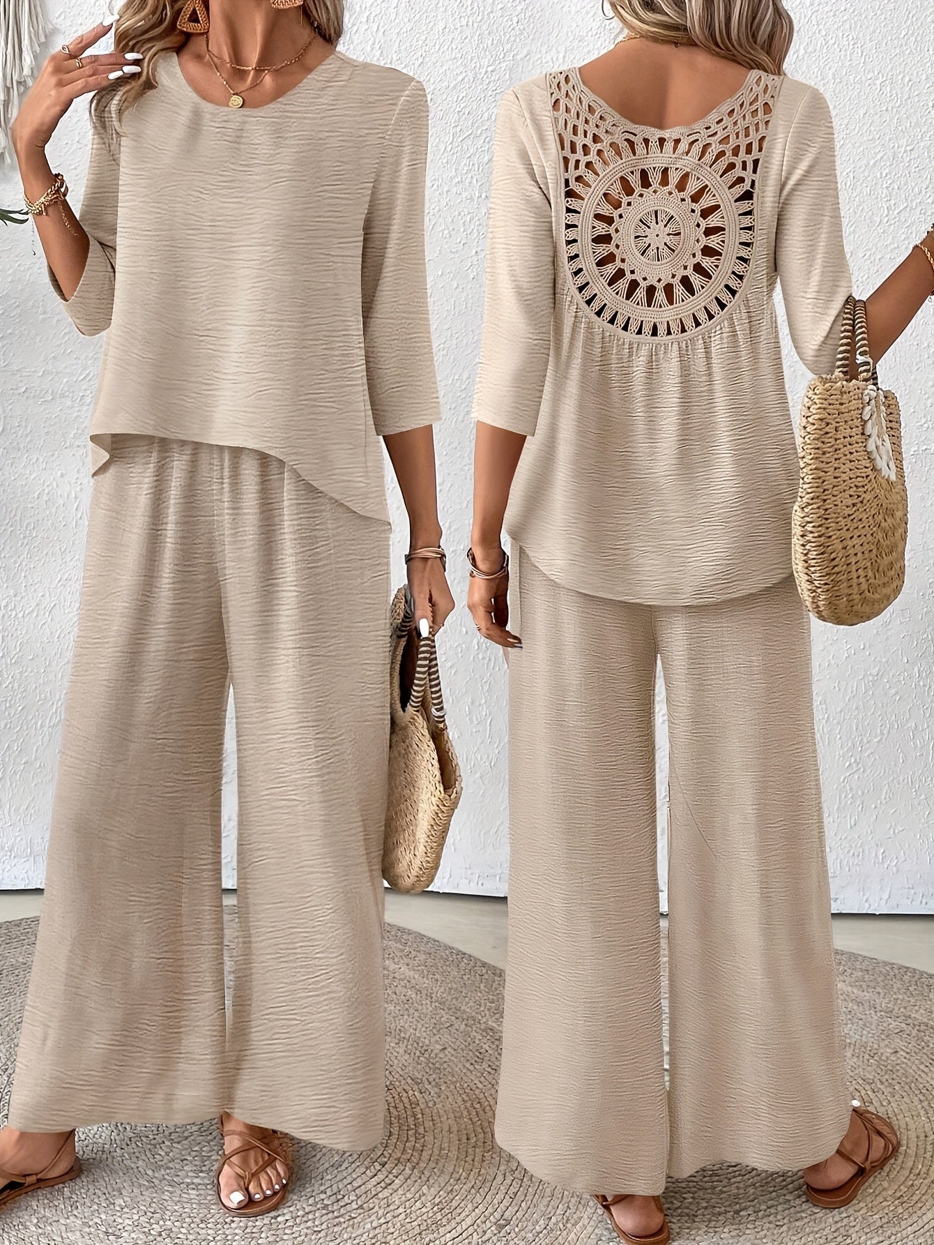 Two-Piece Set Women – 3/4 Sleeve Top & Wide-Leg Pants Vacation Set