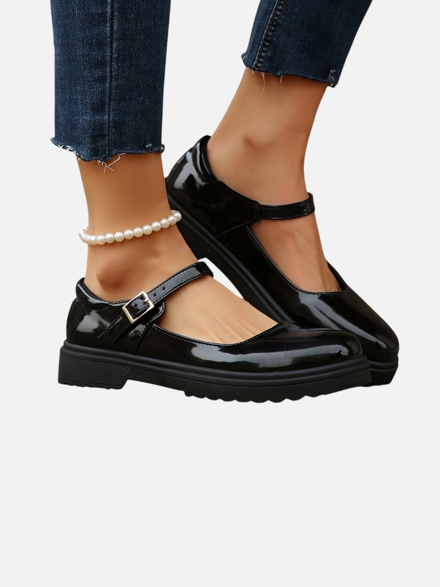 Mary Jane Loafers Women – Glossy Black Flats with Strap