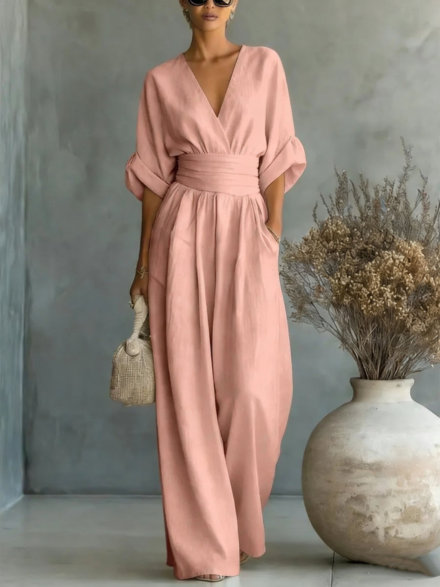 Wide-Leg Jumpsuit Women – V-Neck Cinched Waist Linen-Look Jumpsuit