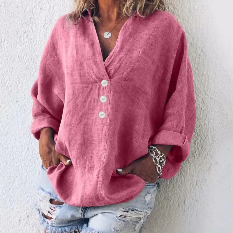 Tove Oversized Hørbluse Dame – V-hals med Knapper og Brystlomme  Panorla