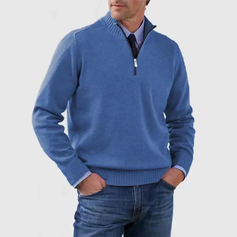 Sweater Herre – Half-Zip Strik med Struktureret Pasform – Varm Komfort Til Daglig Brug - Blå / 4XL