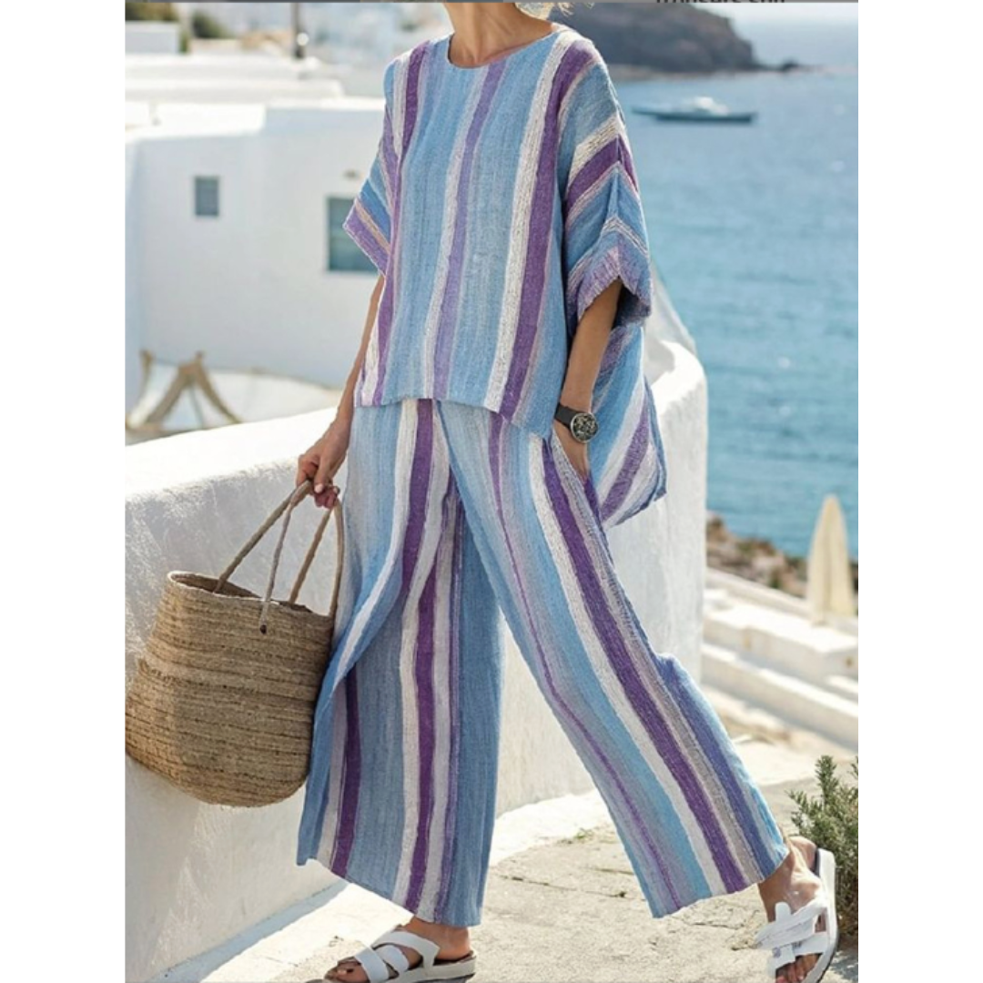 Striped Linen Two Piece Set Women – Batwing Top & Wide-Leg Pants, Blue