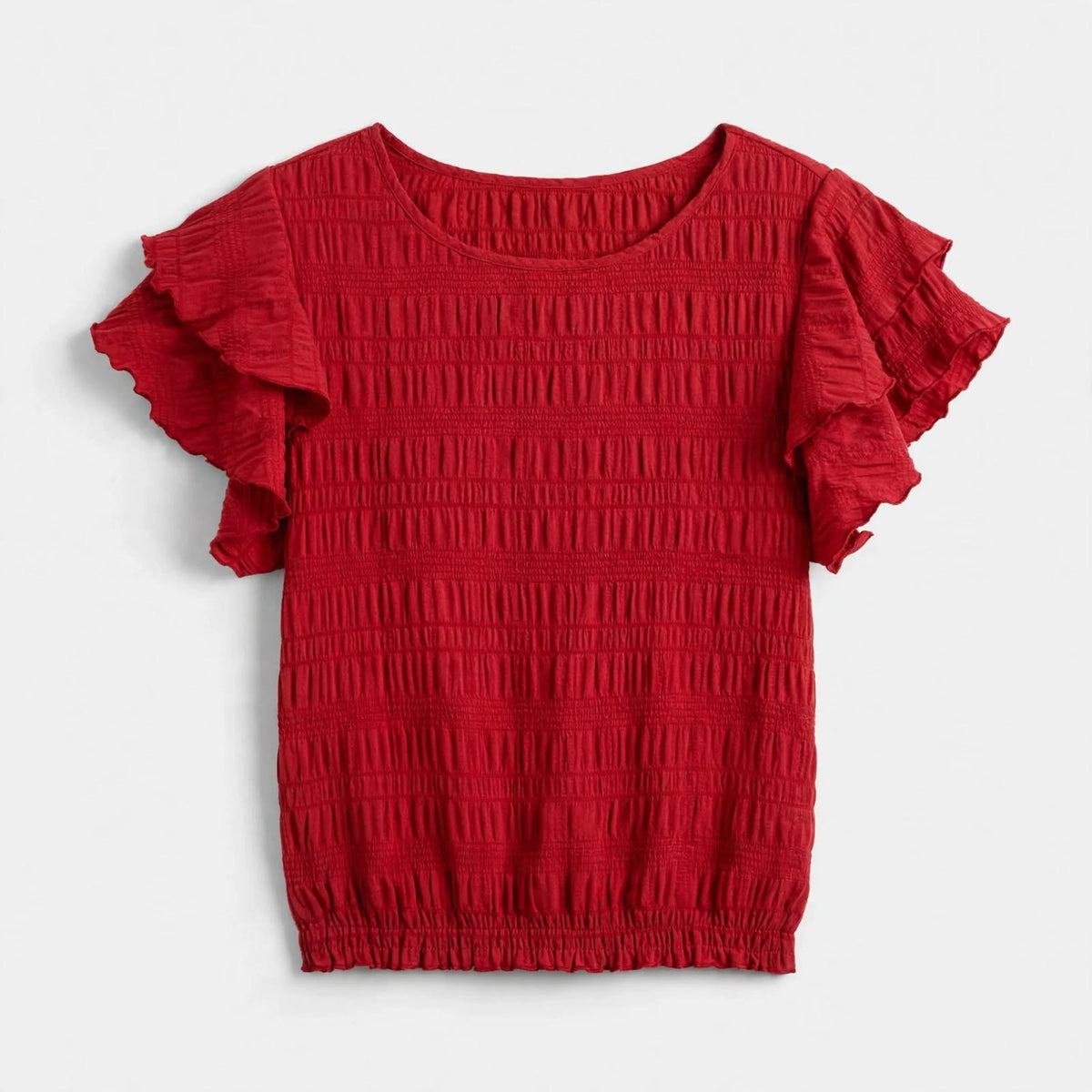 Plisséret Bluse Dame – Rund Hals Bluse med Flæseærmer til Sommer