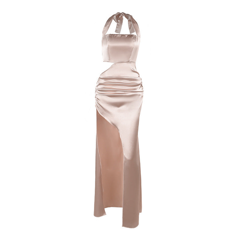 Champagne Maxikjole Dame Halterneck – Cut-Out med Slids