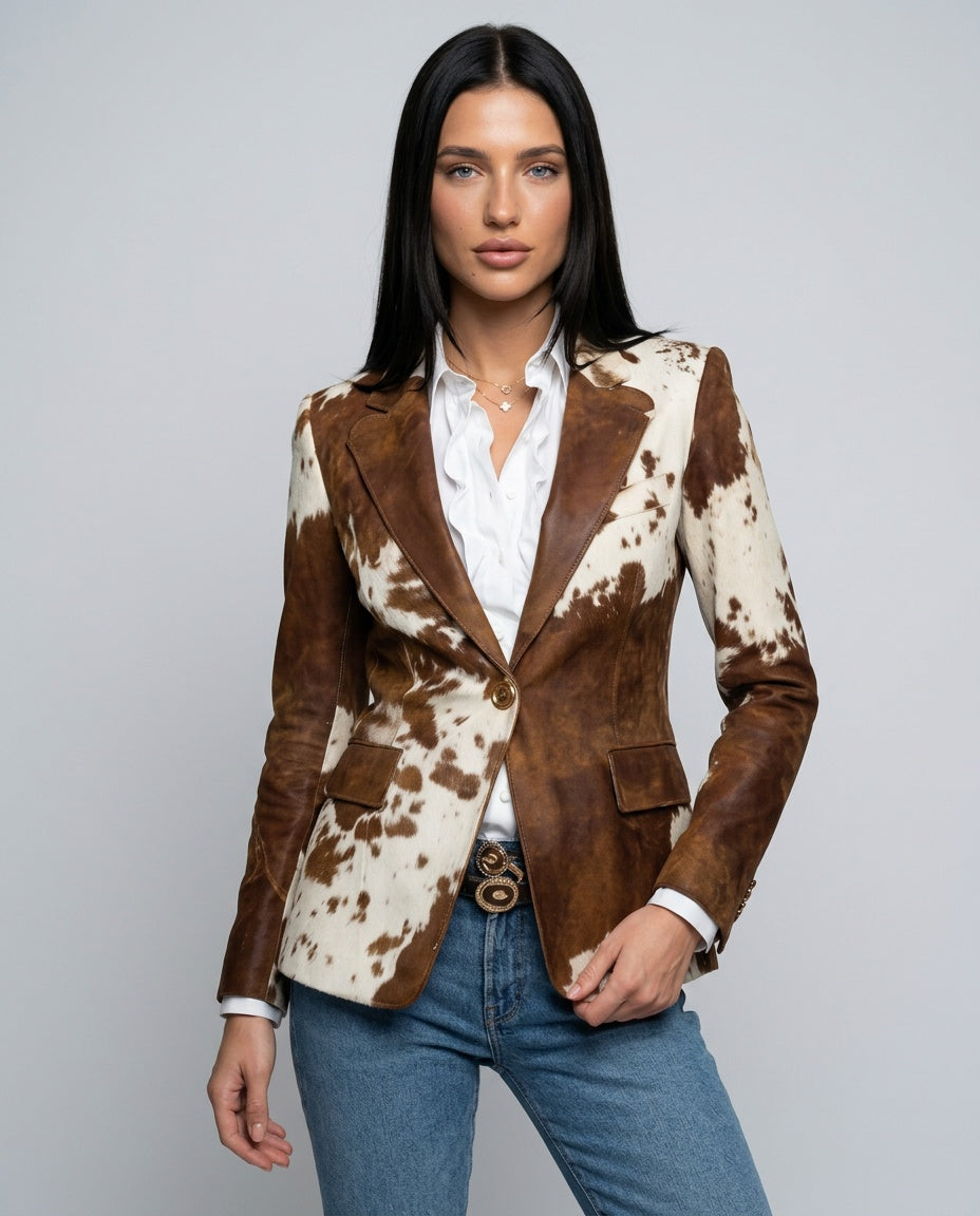 Cow Print Blazer Women – Structured Single-Breasted Jacket