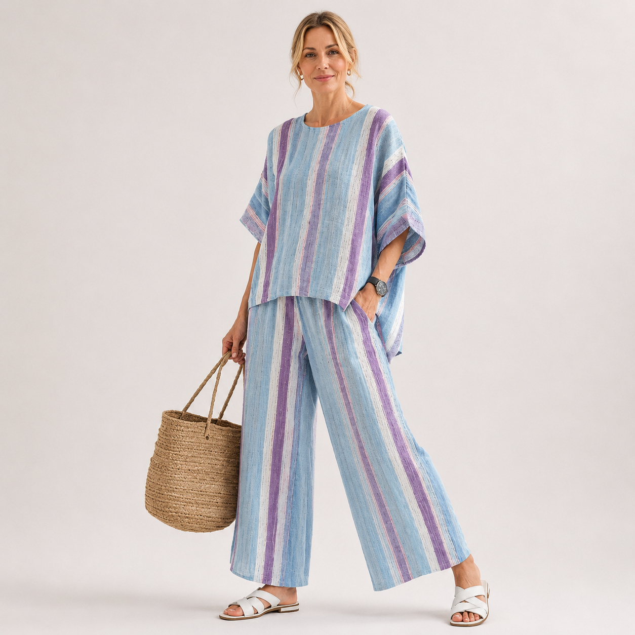 Striped Linen Two Piece Set Women – Batwing Top & Wide-Leg Pants, Blue