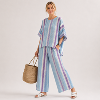 Striped Linen Two Piece Set Women – Batwing Top & Wide-Leg Pants, Blue
