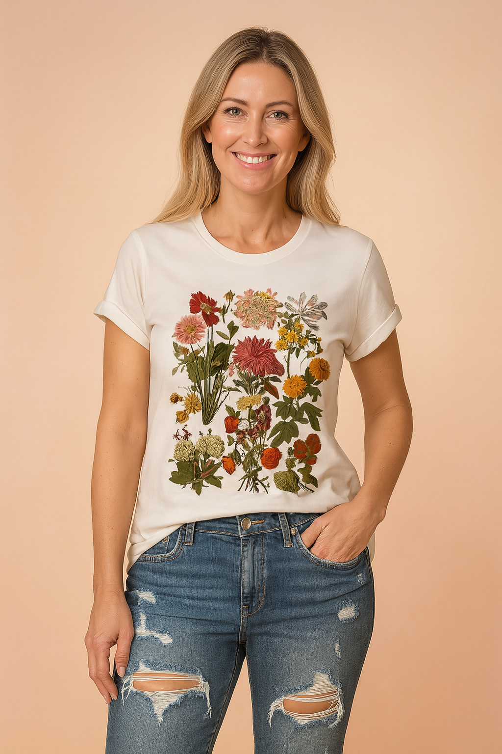 Bær | Dame T-Shirt Med Print - Botanisk Blomsterdesign i Blødt Bomuld | Løs Pasform til Sommerkomfort 2