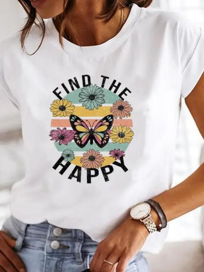 Maja T-shirt Dame med Print – Bomulds Sommer Top med Løs Pasform  Panorla