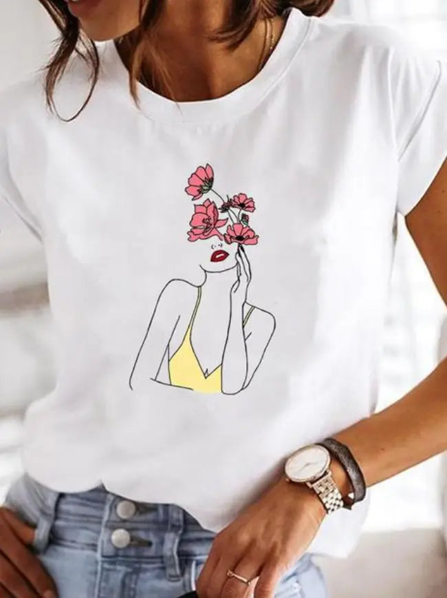 Maja T-shirt Dame med Print – Bomulds Sommer Top med Løs Pasform  Panorla