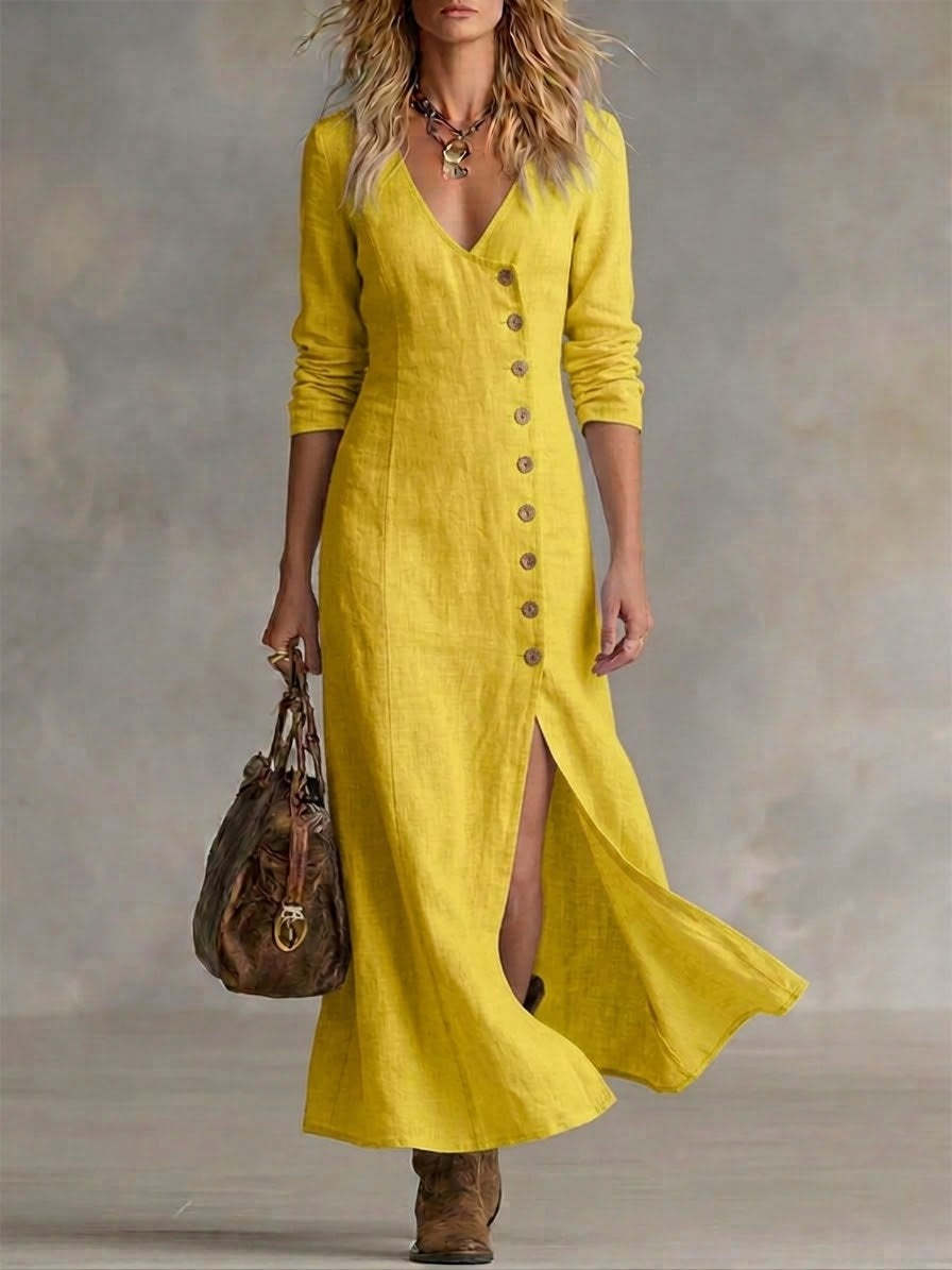 Linen Maxi Dress Women V-Neck – Button Front Boho Summer Dress