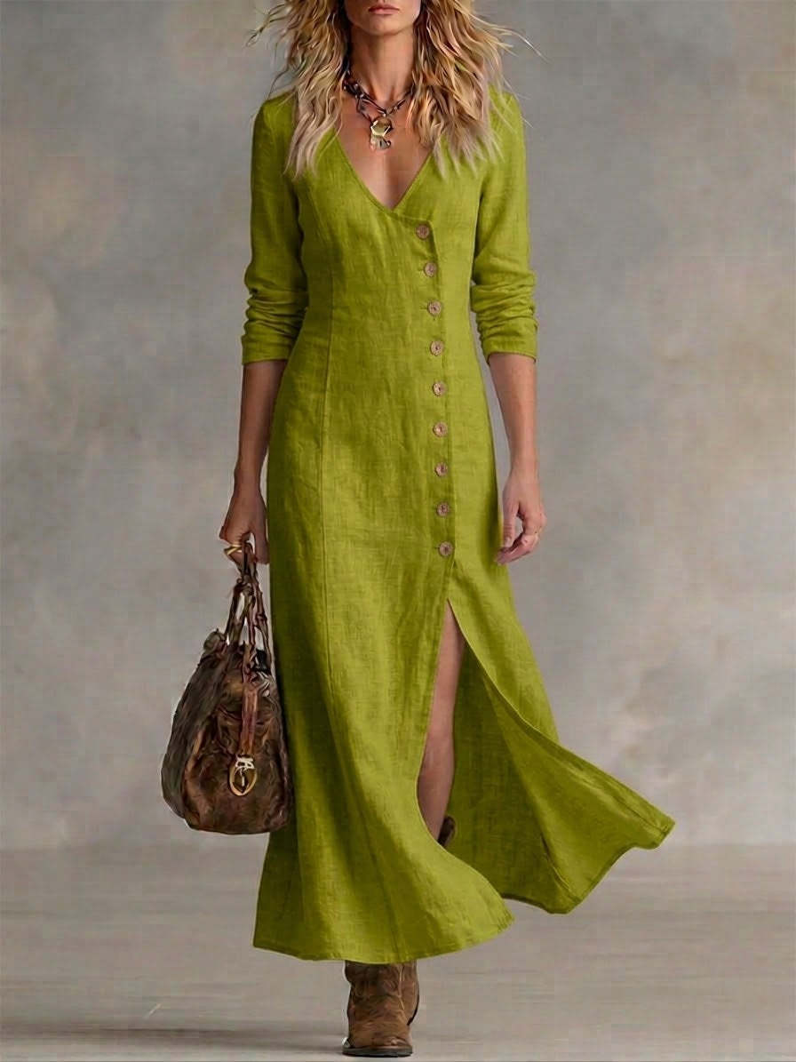Linen Maxi Dress Women V-Neck – Button Front Boho Summer Dress