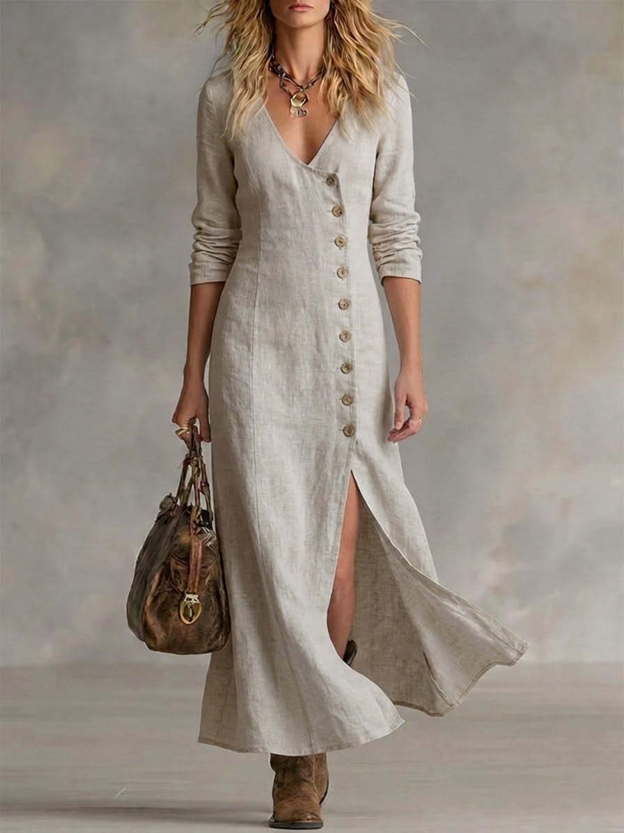 Linen Maxi Dress Women V-Neck – Button Front Boho Summer Dress