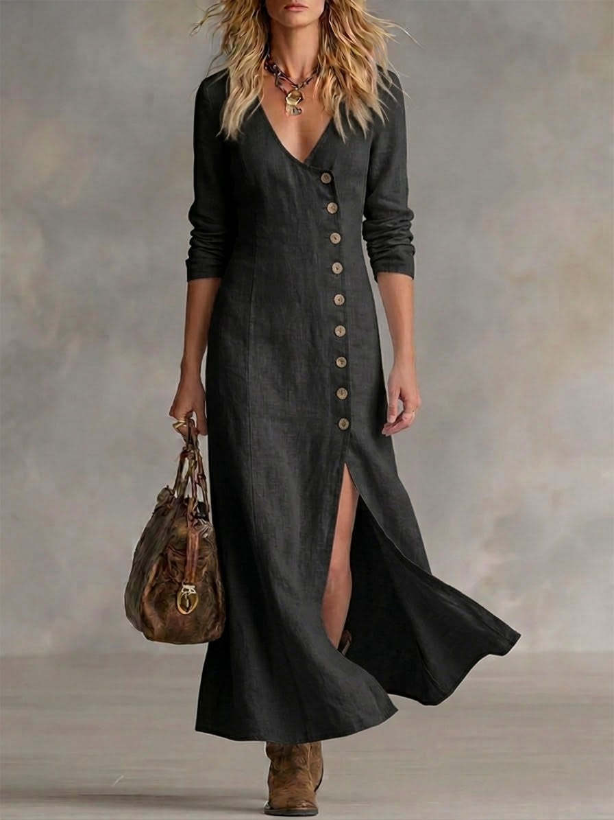 Linen Maxi Dress Women V-Neck – Button Front Boho Summer Dress