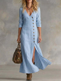 Linen Maxi Dress Women V-Neck – Button Front Boho Summer Dress