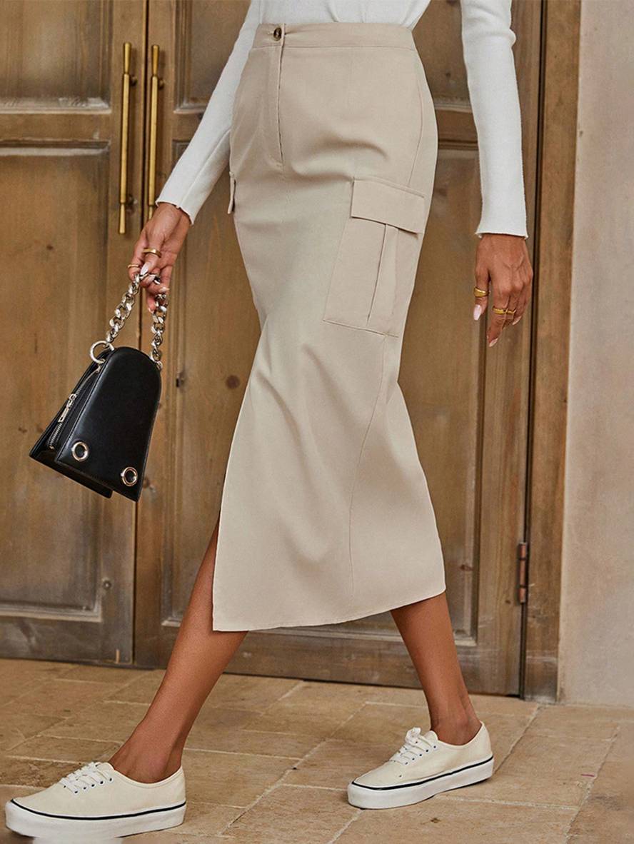 Midi Pencil Skirt with Front Slit & Cargo Pockets | High-Waisted Design for Effortless Style 5