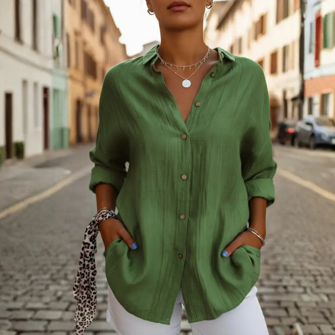 Skjorte dame oversize muslin spidskrave sidelommer justerbare manchetter sommer  Panorla