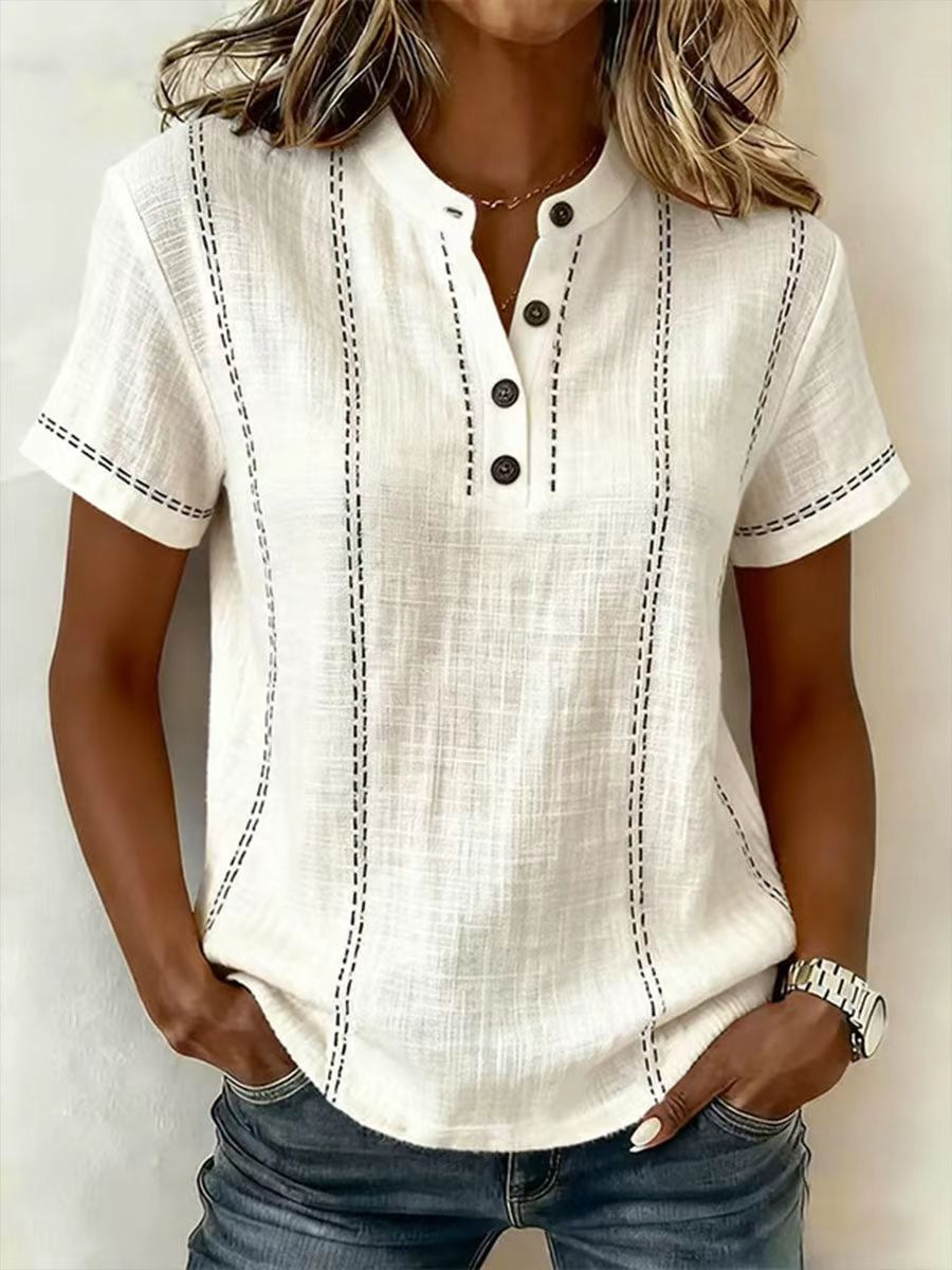 Linned Top Dame Knaphals – Korte Ærmer Sommerbluse