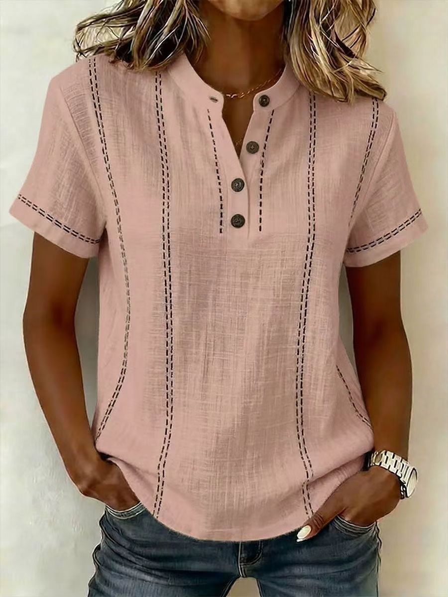Linned Top Dame Knaphals – Korte Ærmer Sommerbluse