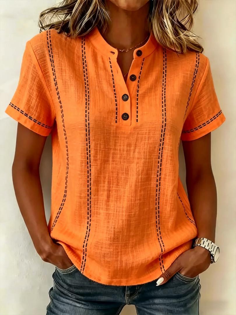 Linned Top Dame Knaphals – Korte Ærmer Sommerbluse