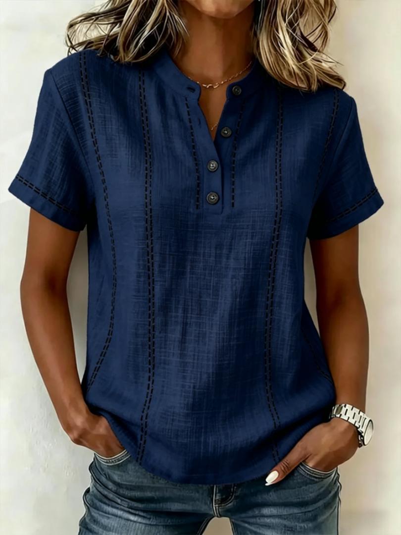 Linned Top Dame Knaphals – Korte Ærmer Sommerbluse