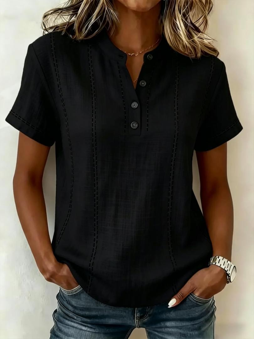 Linned Top Dame Knaphals – Korte Ærmer Sommerbluse