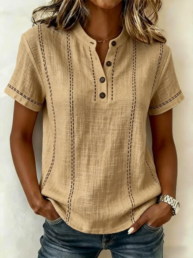 Linned Top Dame Knaphals – Korte Ærmer Sommerbluse