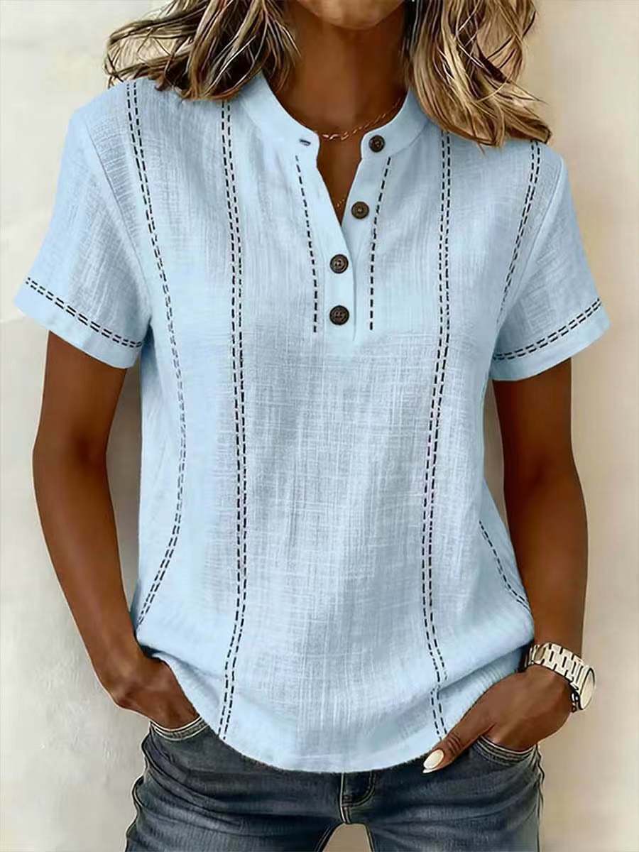Linned Top Dame Knaphals – Korte Ærmer Sommerbluse