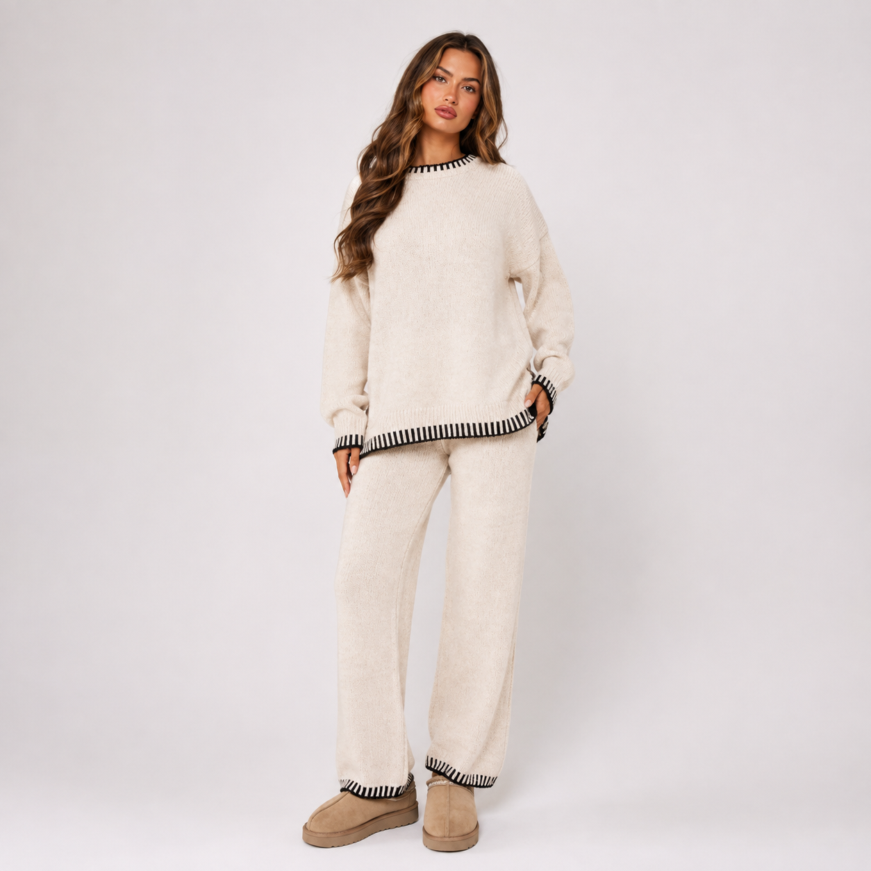 Strik Hjemmesæt Dame 2-Delt – Oversized Sweater og Vidben Bukser