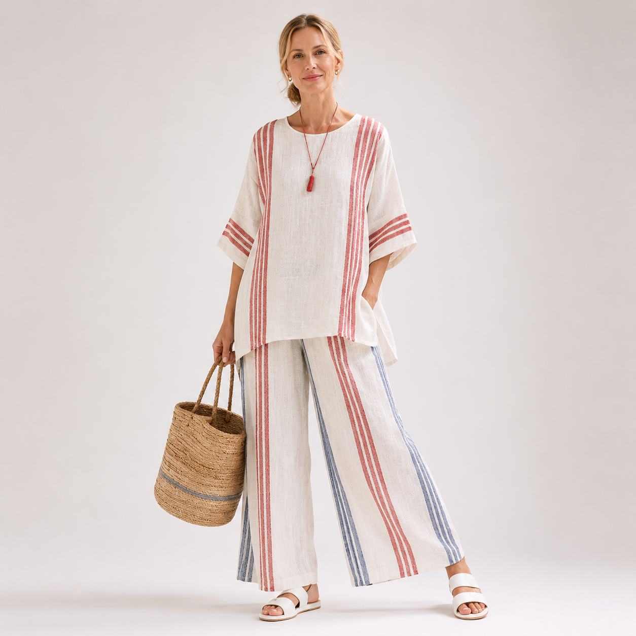 Striped Linen Two Piece Set Women – Asymmetric Top & Palazzo Pants, White