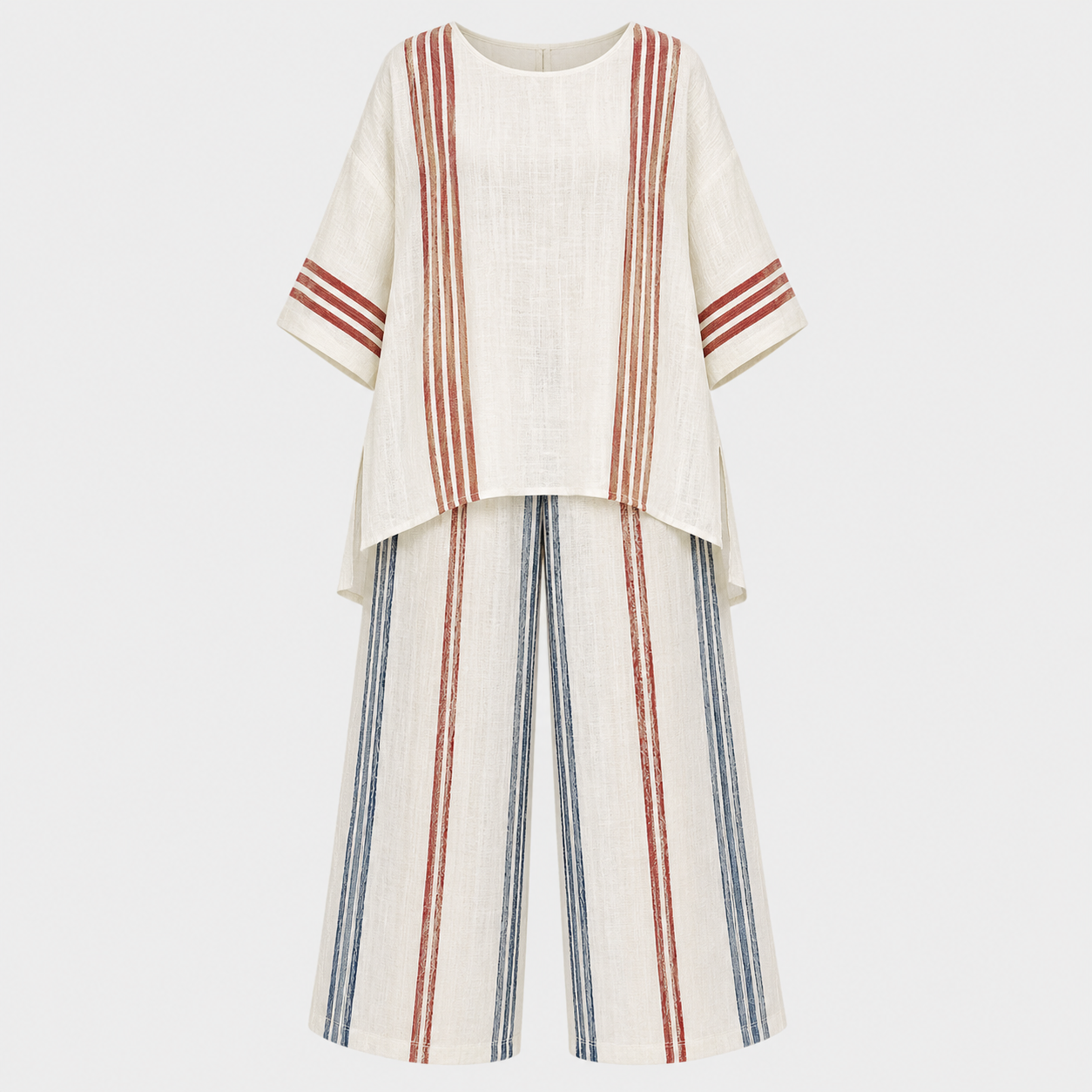 Striped Linen Two Piece Set Women – Asymmetric Top & Palazzo Pants, White