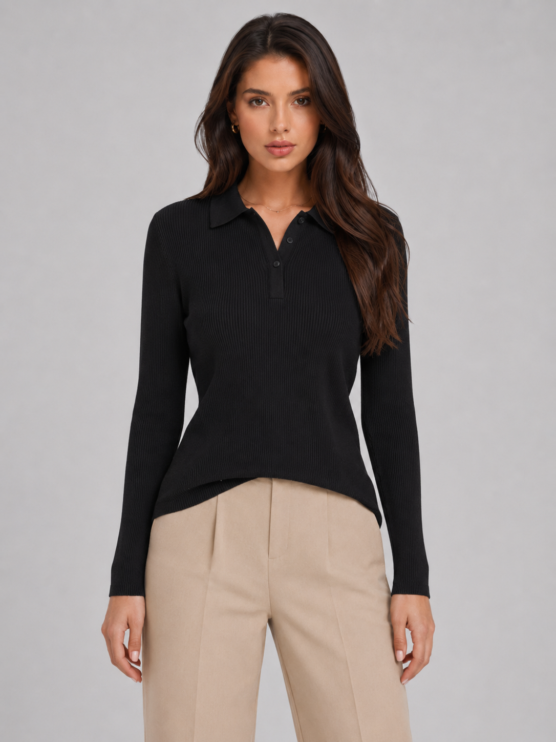 Ribstrik Polo Top Dame – Krave med Knaplukning