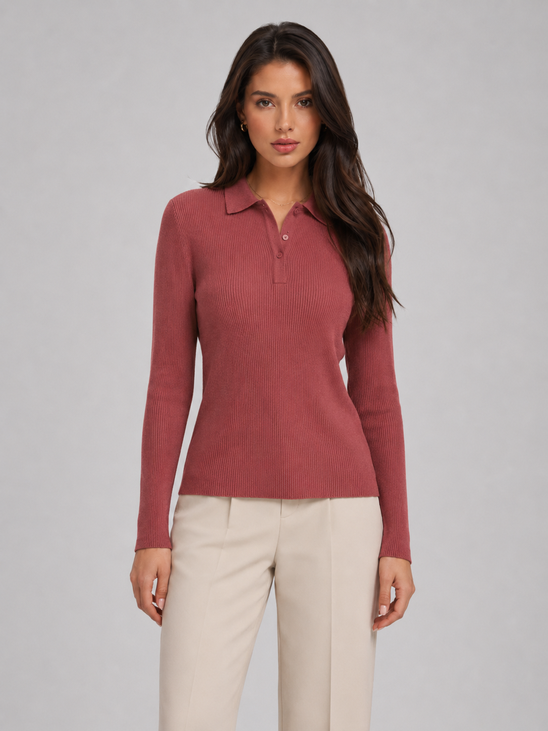 Ribstrik Polo Top Dame – Krave med Knaplukning