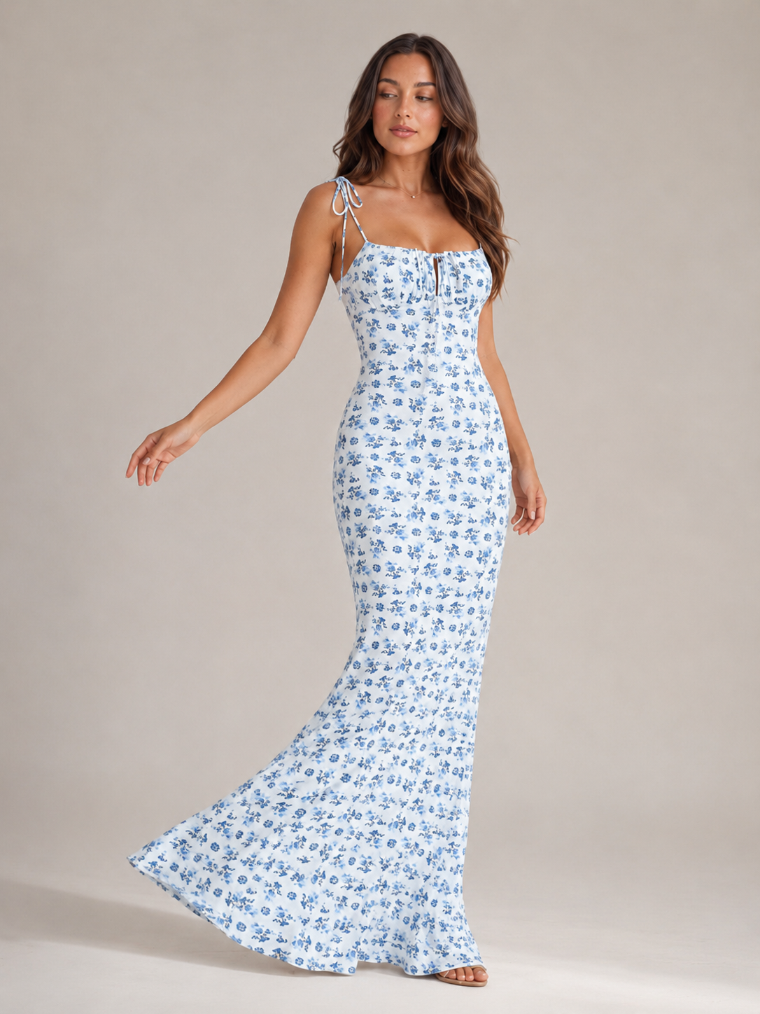 Floral Maxi Dress Women – Sweetheart Neckline Bow Detail